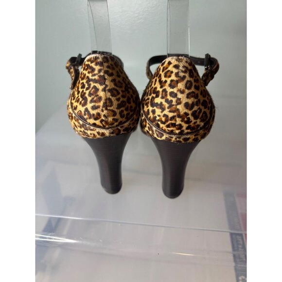 J Vincent Leopard Heeled Sandals Size 10.5 Leather Buckle Strap Peep Toe Party - Picture 7 of 12